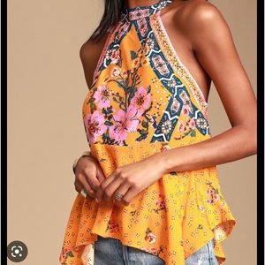 Free People Floral Print Tank Top - Orange and Pink